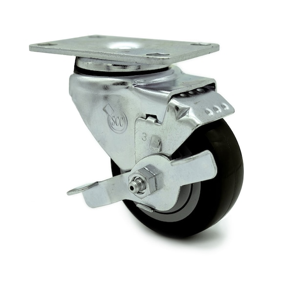 3 Inch Black Polyurethane Wheel Swivel Top Plate Caster with Brake